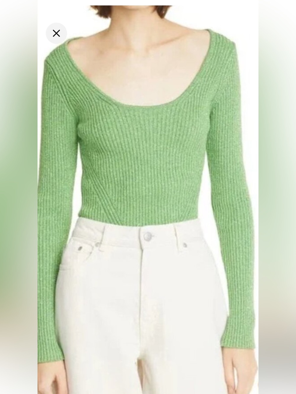 Ganni Green Metallic Ribbed Sweater Top Women's Medium Slim Fit